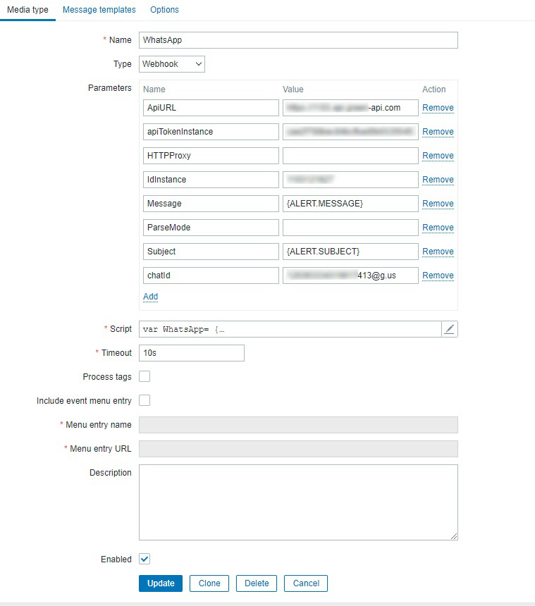 Media type WhatsApp in Zabbix UI