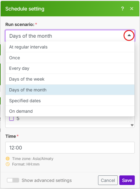 Изображение с выбором расписания "Days of Month"