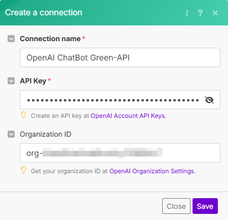 Images with the entered data for connection with OpenAI