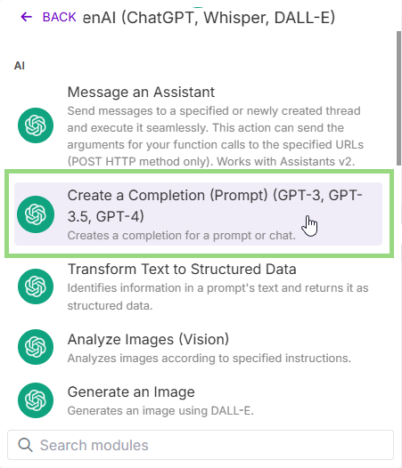 Image with the "Create a Completion" module selection