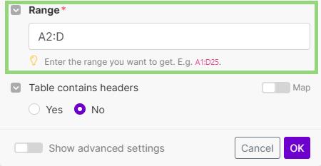 Selecting a range for a spreadsheet with links