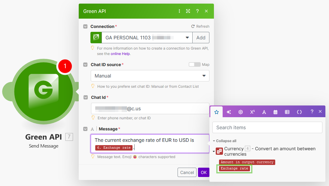 Image showing the recipient of the exchange rate and the message with the exchange rate