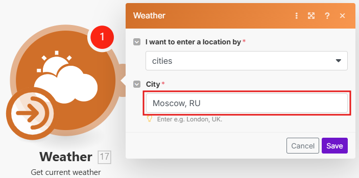 Изображение с заполненным модулем Weather