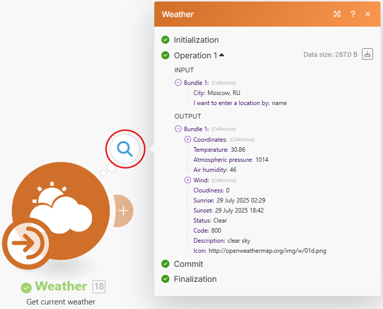 Изображение с заполненным модулем Weather